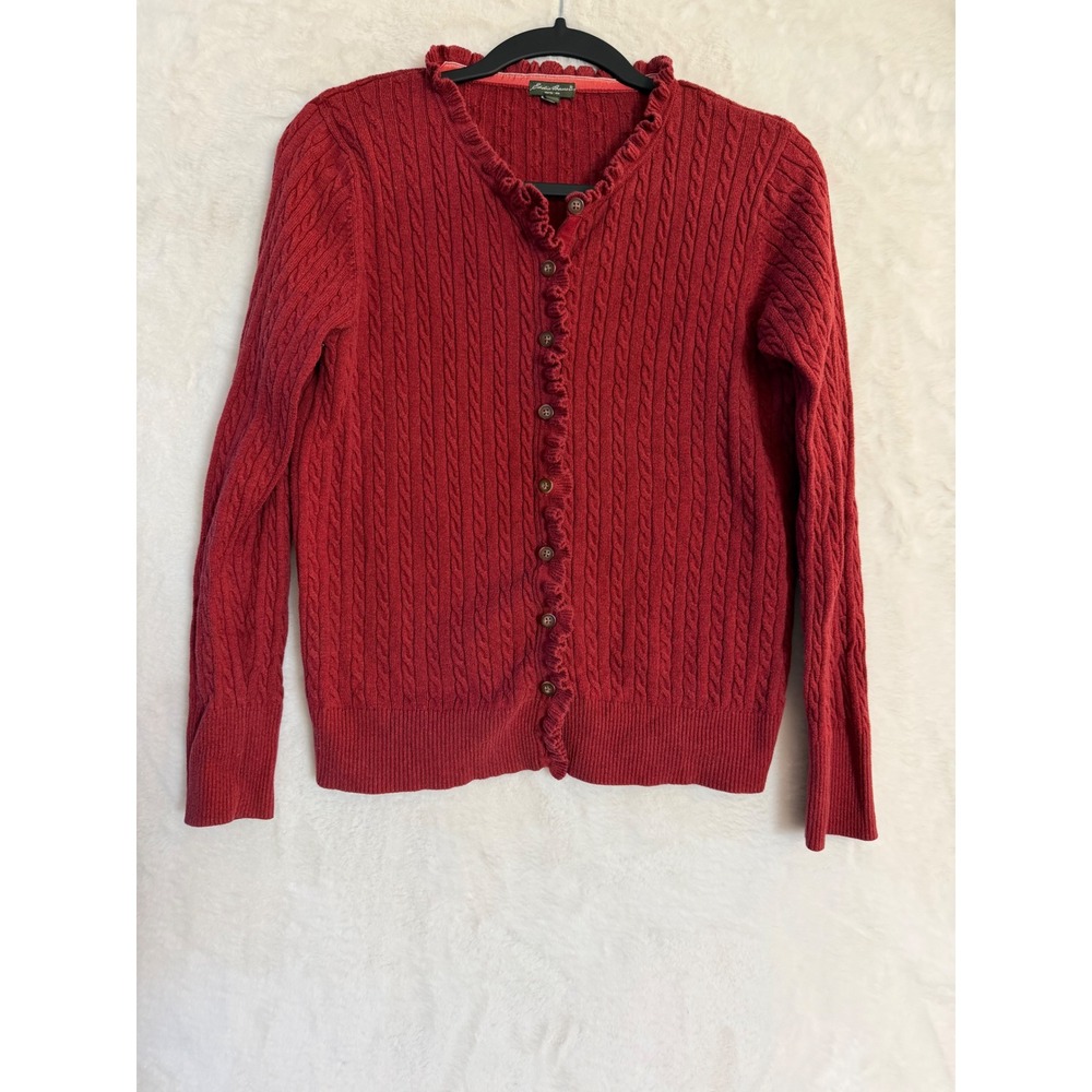 Eddie Bauer Women Large Red Cable Knit Cardigan Ruffle Trim Button Front Sweater